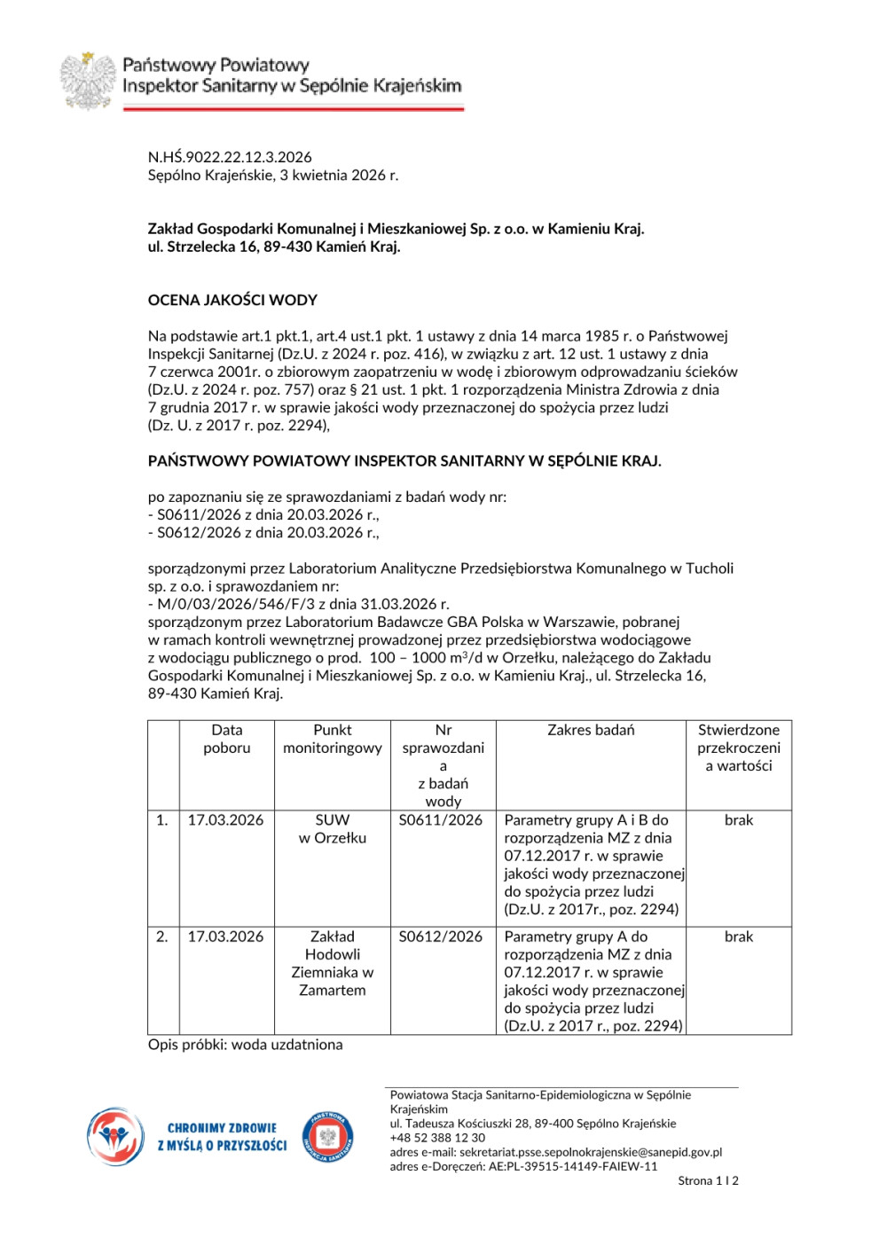 Ocena jakości wody Wodociąg publiczny w Orzełku 03.04.20261